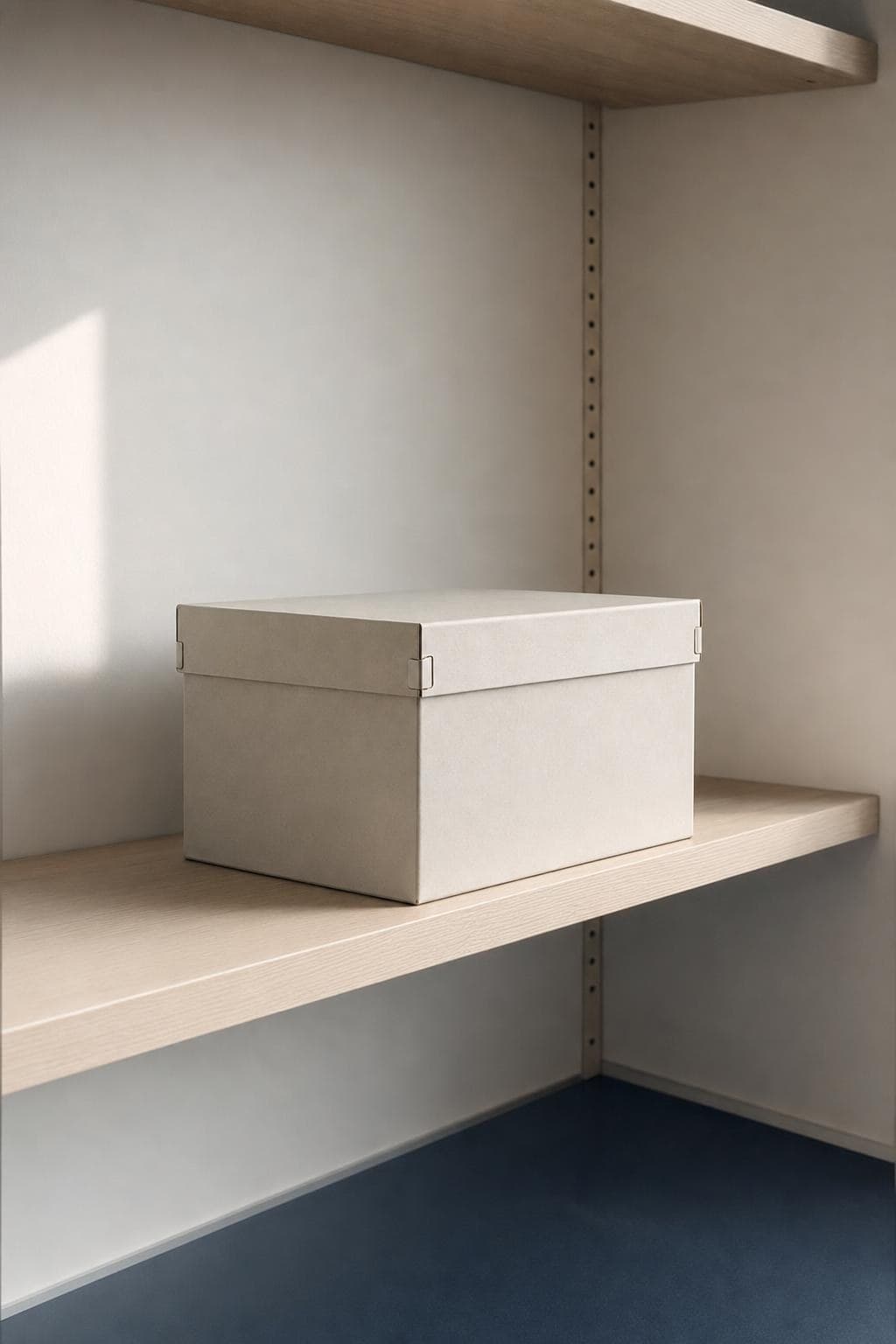A single sealed document box on a shelf