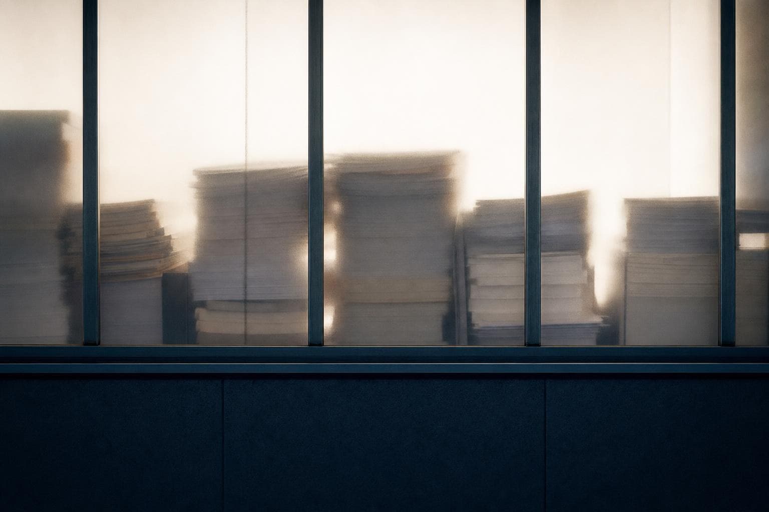 Documents behind glass, lit but out of reach