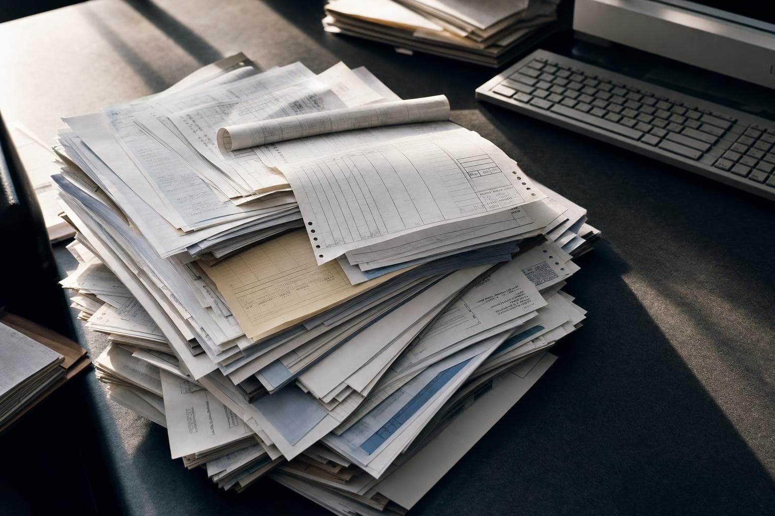 A stack of printed purchase orders beside a keyboard in early morning light