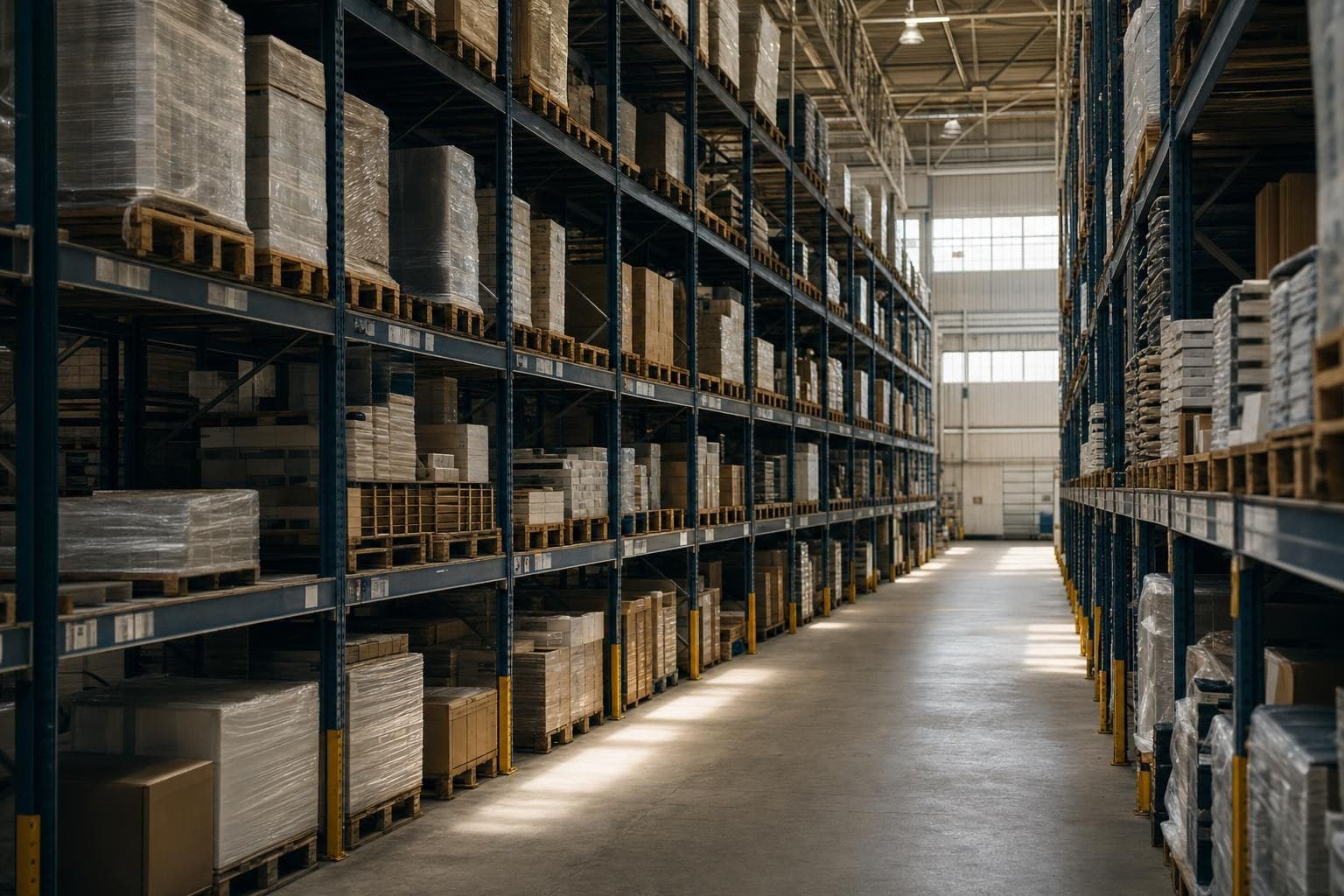 A long aisle of pallet racking in a distribution warehouse