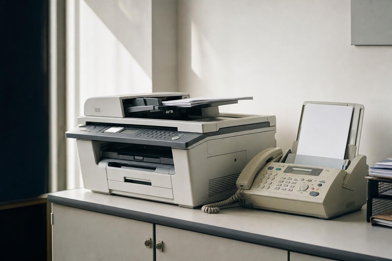 A document scanner with paper in the feeder tray, and a fax machine beside it