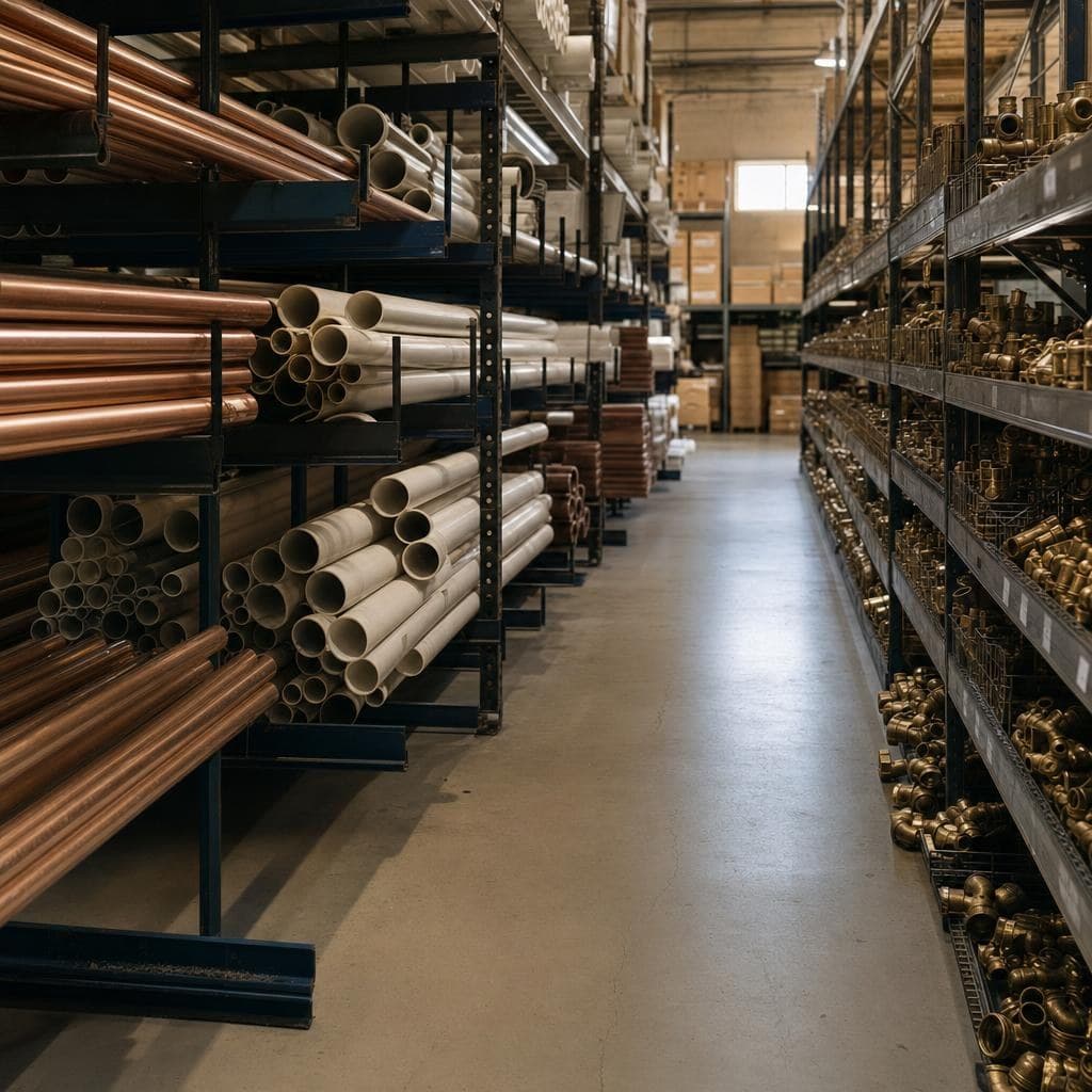 Stacked pipe and fittings in a plumbing supply warehouse