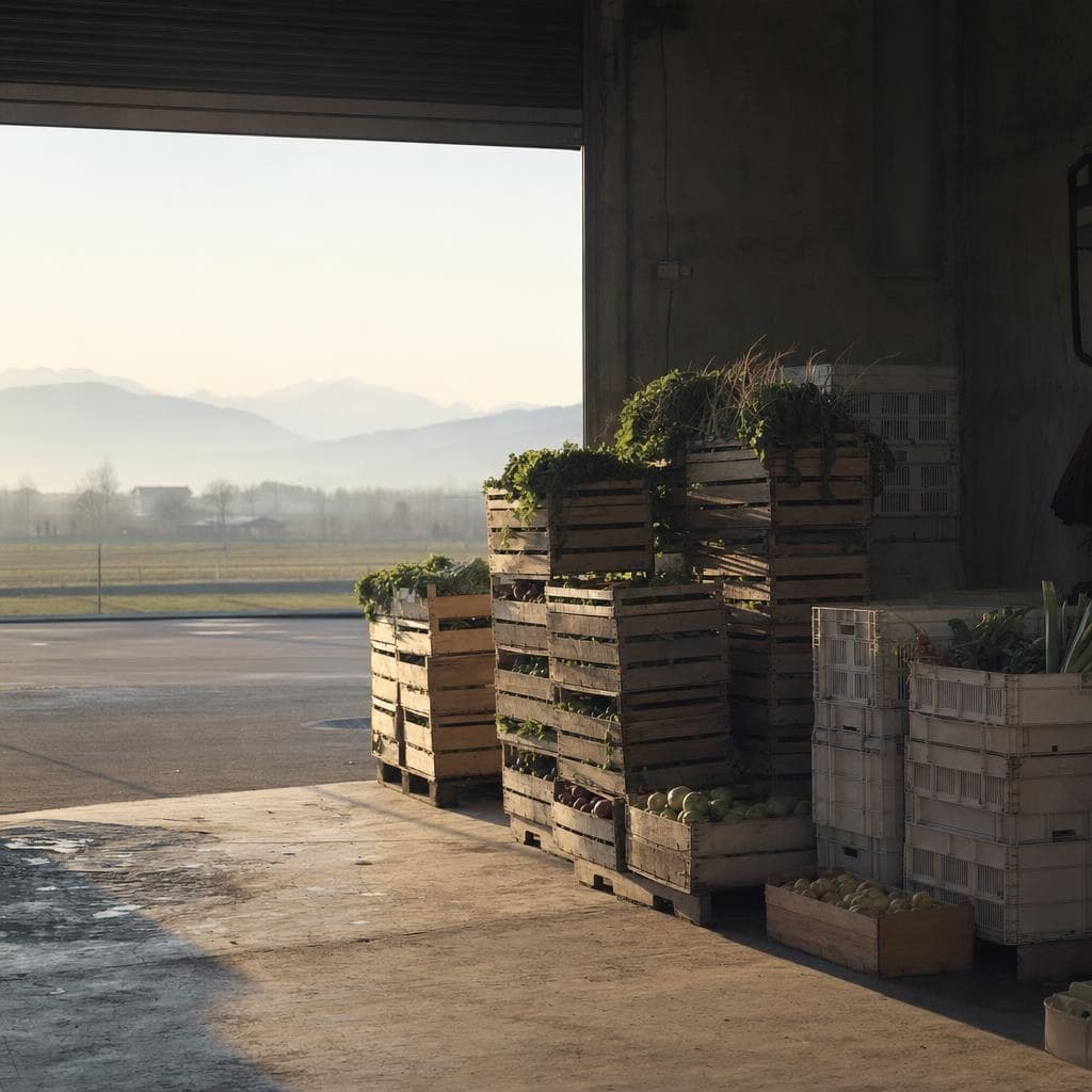 Crates of produce on a loading dock in early morning light