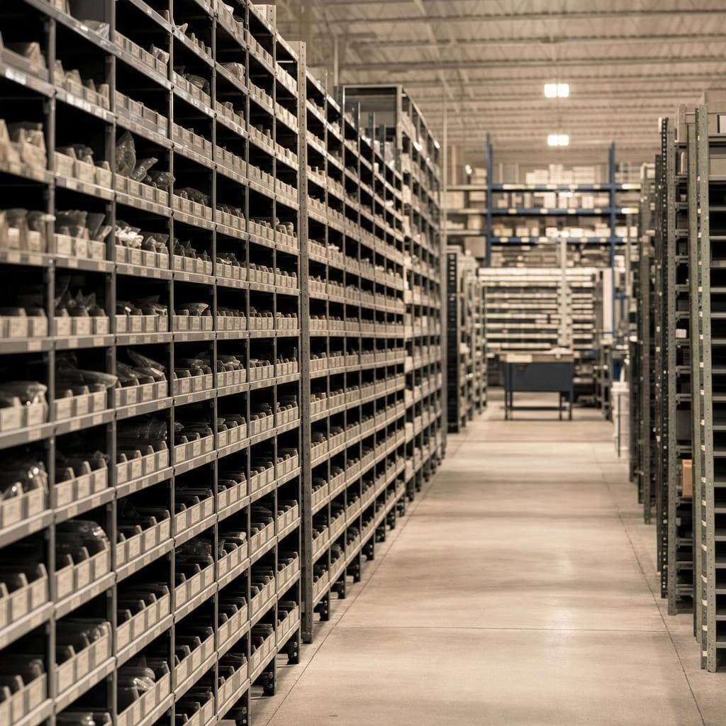 Rows of parts bins in an industrial distribution warehouse