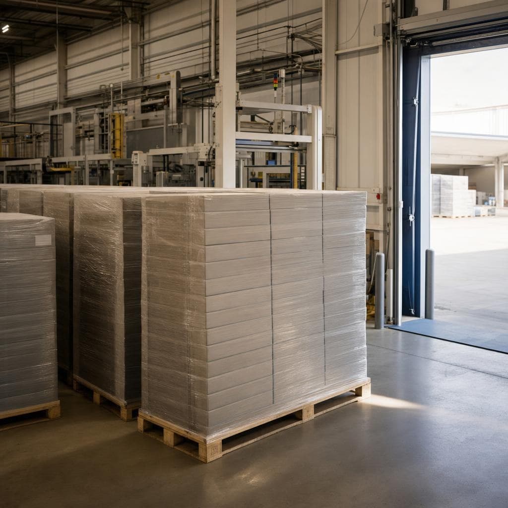 A manufacturing floor with finished goods staged for shipping